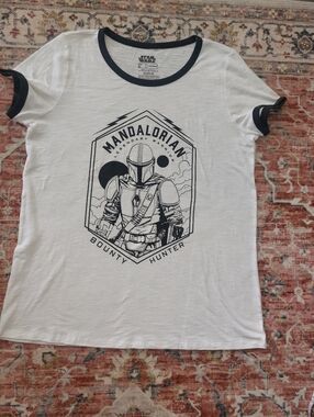 " Star Wars" White Tee with Black Ringer and Mandalorian Graphic Size:0